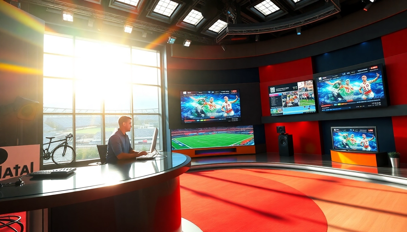 Engaging sports broadcasting studio showcasing anchor delivering live updates with enthusiasm.