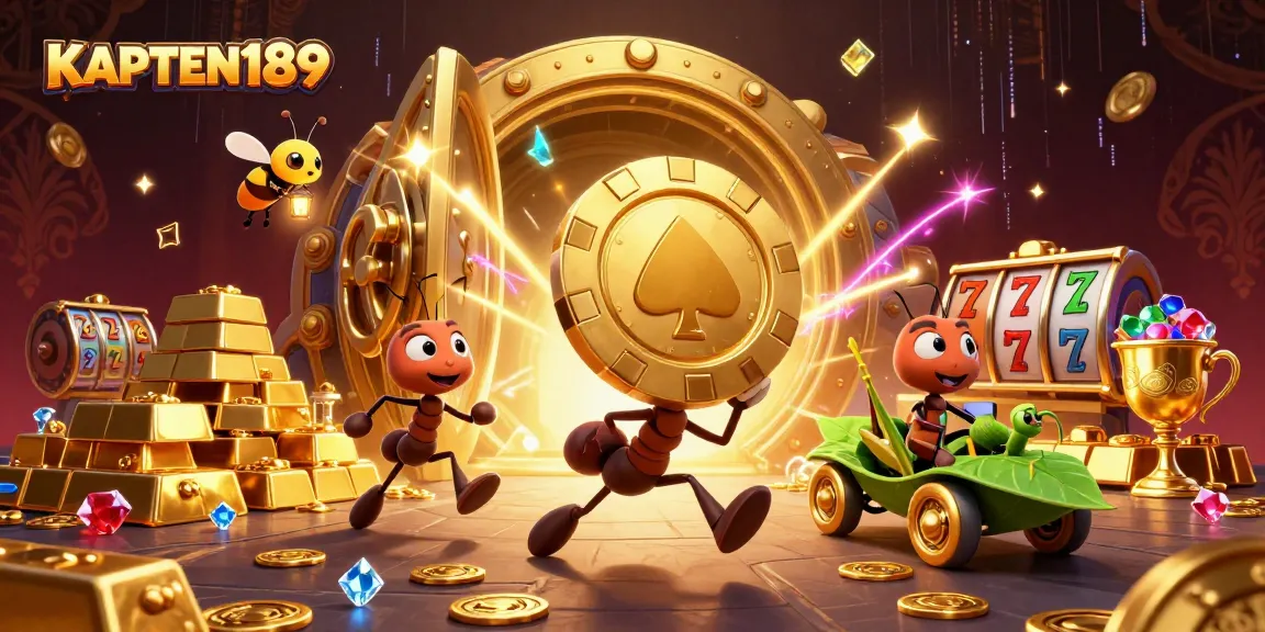 KAPTEN189 bermain slot online dengan chip emas raksasa, dikelilingi tumpukan harta karun.
