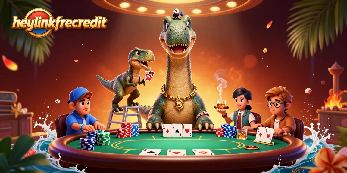 heylinkfreecredit showcases a vibrant casino scene with a dinosaur and raptor dealing poker cards.