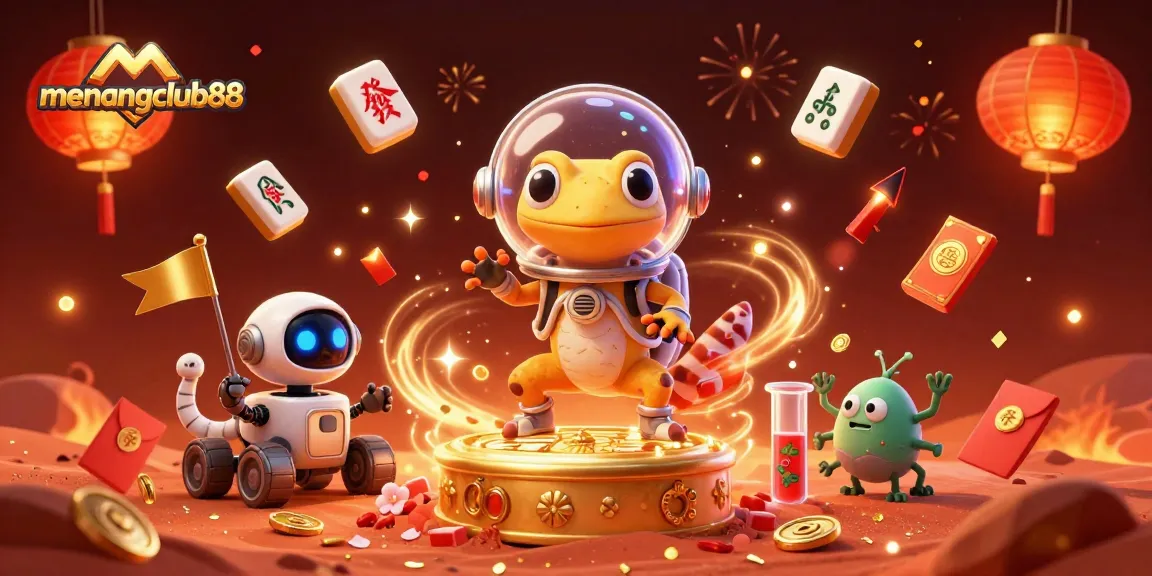 A dynamic illustration showcasing a Martian gecko discovering a golden casino at menangclub88, surrounded by festive gambling elements.