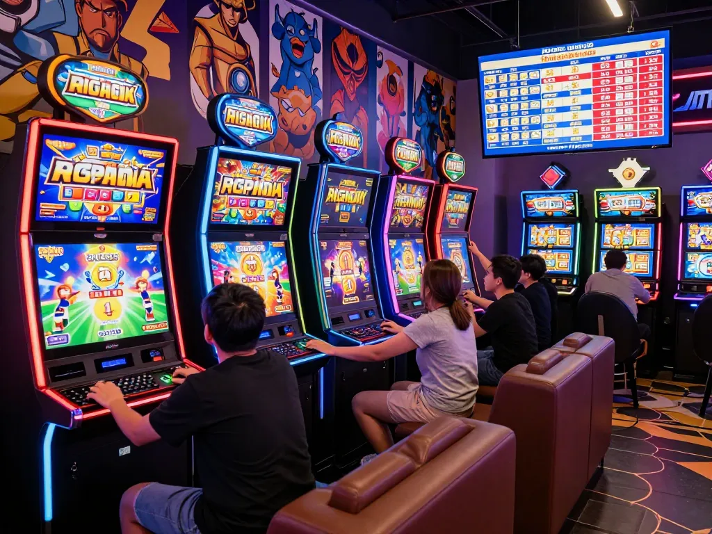 Excited players celebrating a jackpot win at a vibrant toto slot gaming lounge.