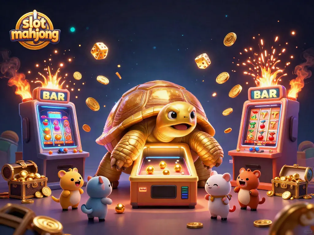 Experience slot mahjong with an animated scene of a colossal tortoise slot machine and vibrant casino elements.