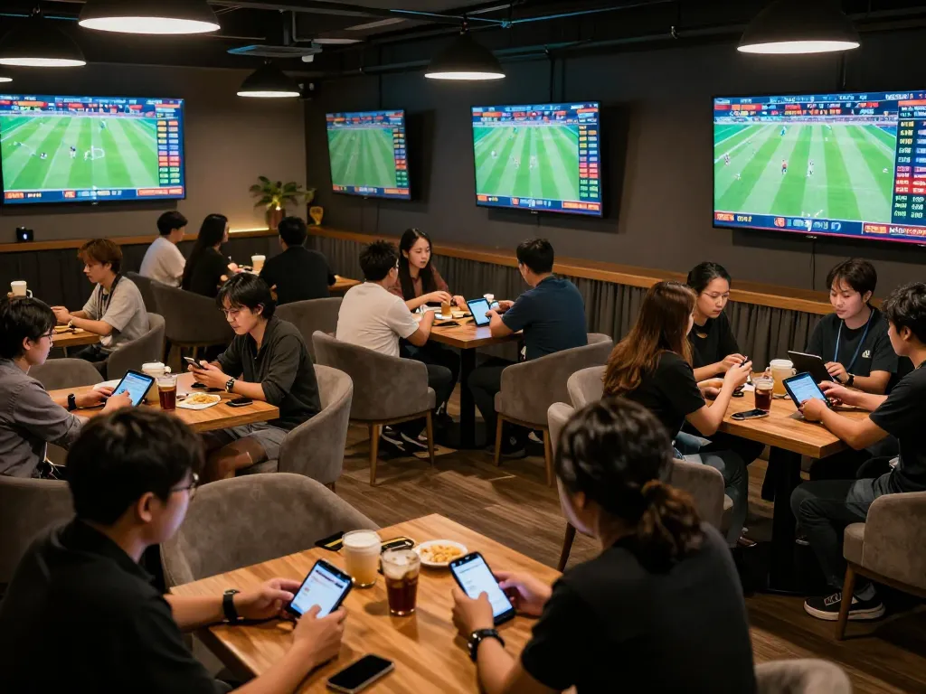 Excited bettors closely analyzing keo nha cai odds during live football matches in a stylish sports betting lounge