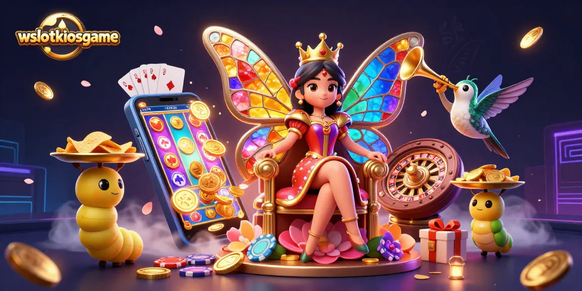 wslotkiosgame memikat dengan ilustrasi 3D menampilkan ratu kupu-kupu bermain slot yang penuh warna dan uang chip emas.