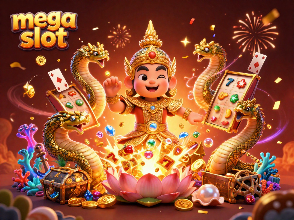 Win with mega slot as colorful fruit symbols and gold coins explode in a vibrant casino scene.