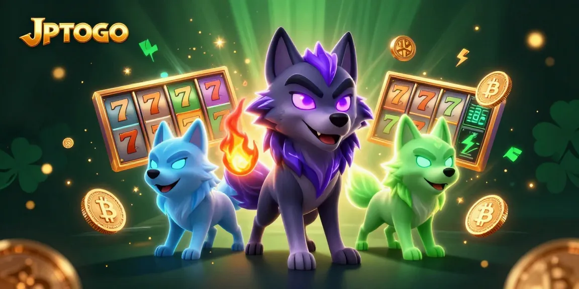 JPTOTO menampilkan karakter kasino yang dinamis dengan simbol slot dan koin crypto
