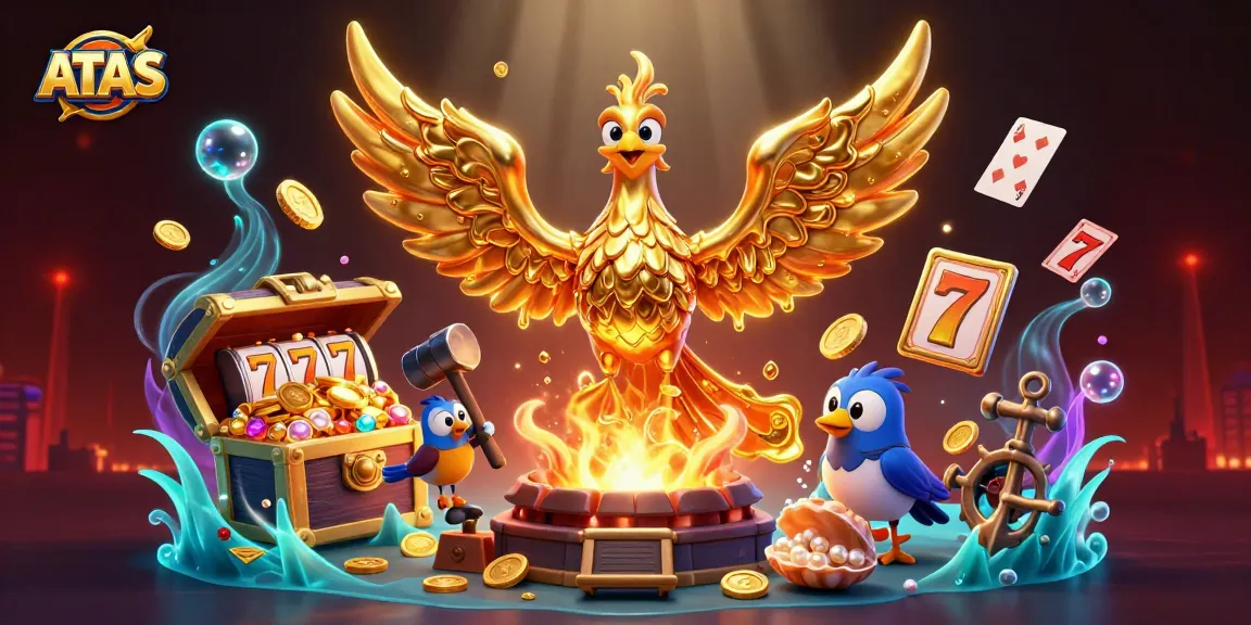 Experience thrilling wins at ATAS online casino with a golden phoenix amidst slot reels and treasures.