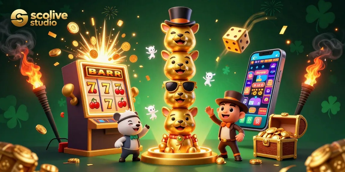 Socolive studio showcases a vibrant 3D illustration of a golden totem pole surrounded by slot machine elements, enhancing the gaming experience.