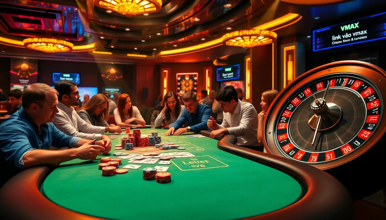 Engaging scene of gamblers at a high-stakes poker table, featuring the keyword link vào vmax in the betting interface.