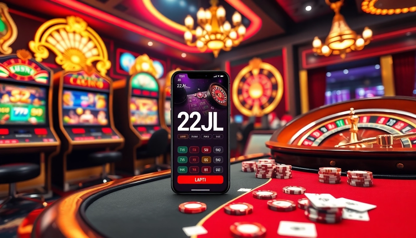 Exciting gambling scene featuring the 22JL app on a smartphone amidst casino elements.