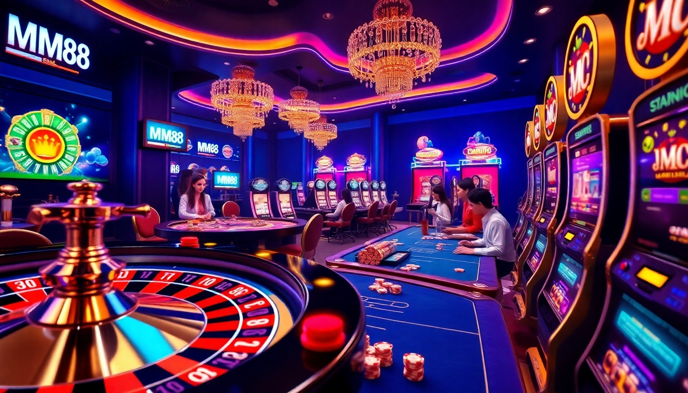 Casino excitement on https://mm88.vegas/ showcasing roulette, poker chips, and players enjoying the action.