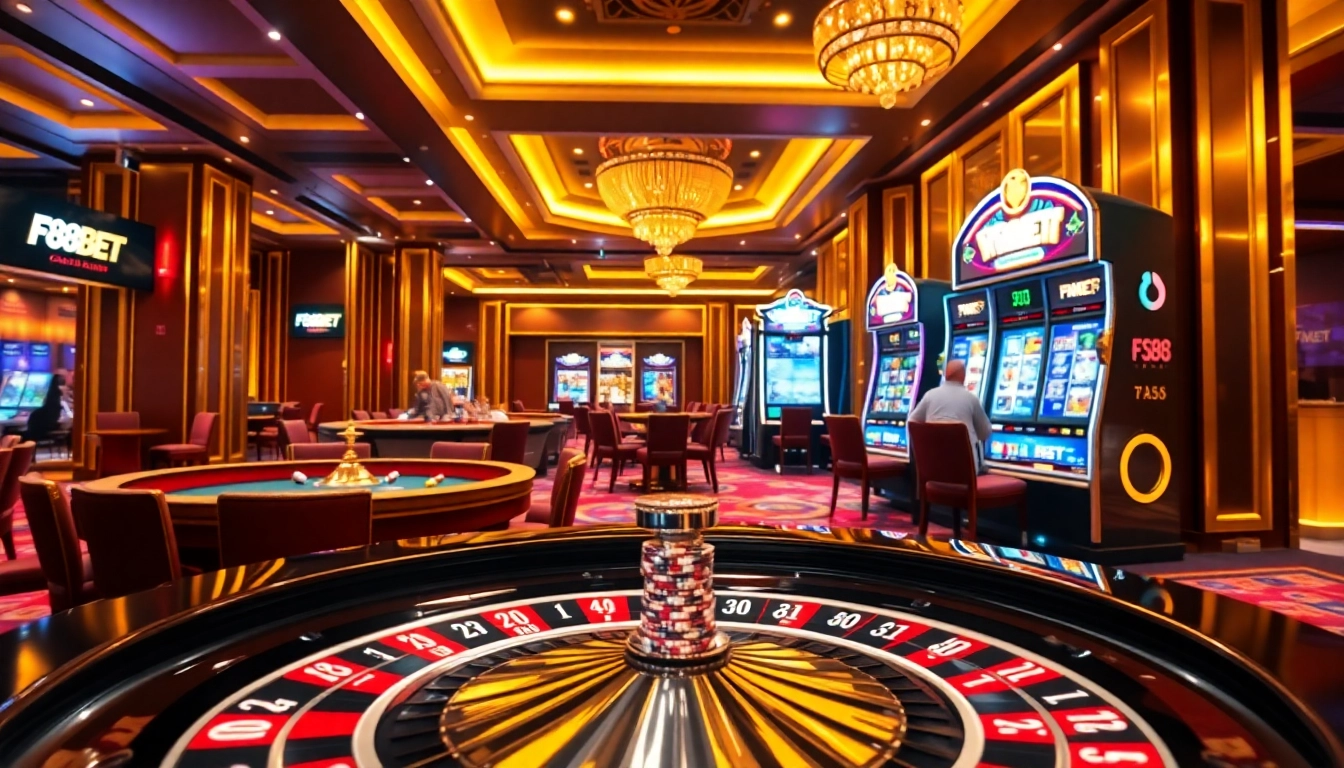 Players enjoying games at F88BET's luxurious casino, featuring roulette, poker, and slots.