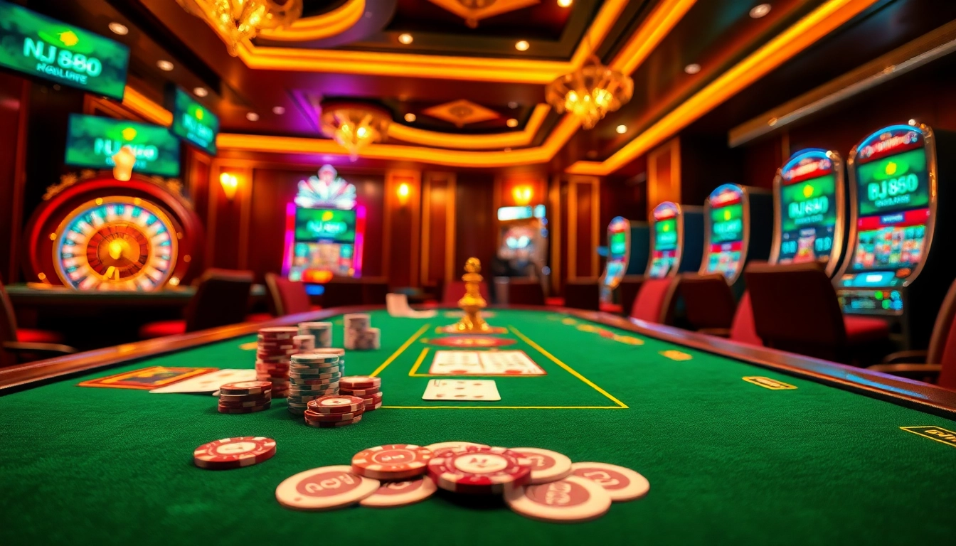 Exciting poker game action at Nhà Cái BJ888, featuring vibrant chips and luxurious casino ambiance.