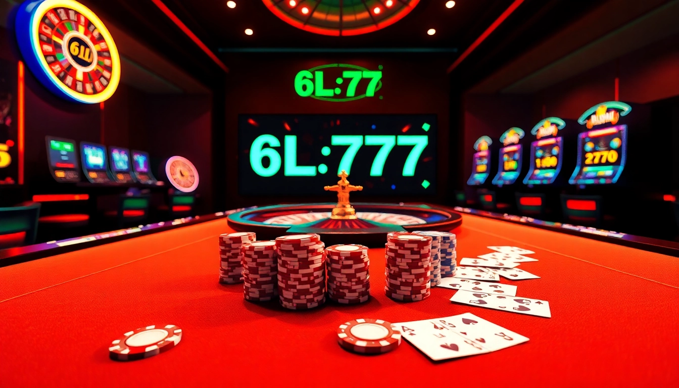 Experience thrilling casino gameplay with 6L777 in a vibrant, luxurious setting featuring tables, poker chips, and roulette wheels.