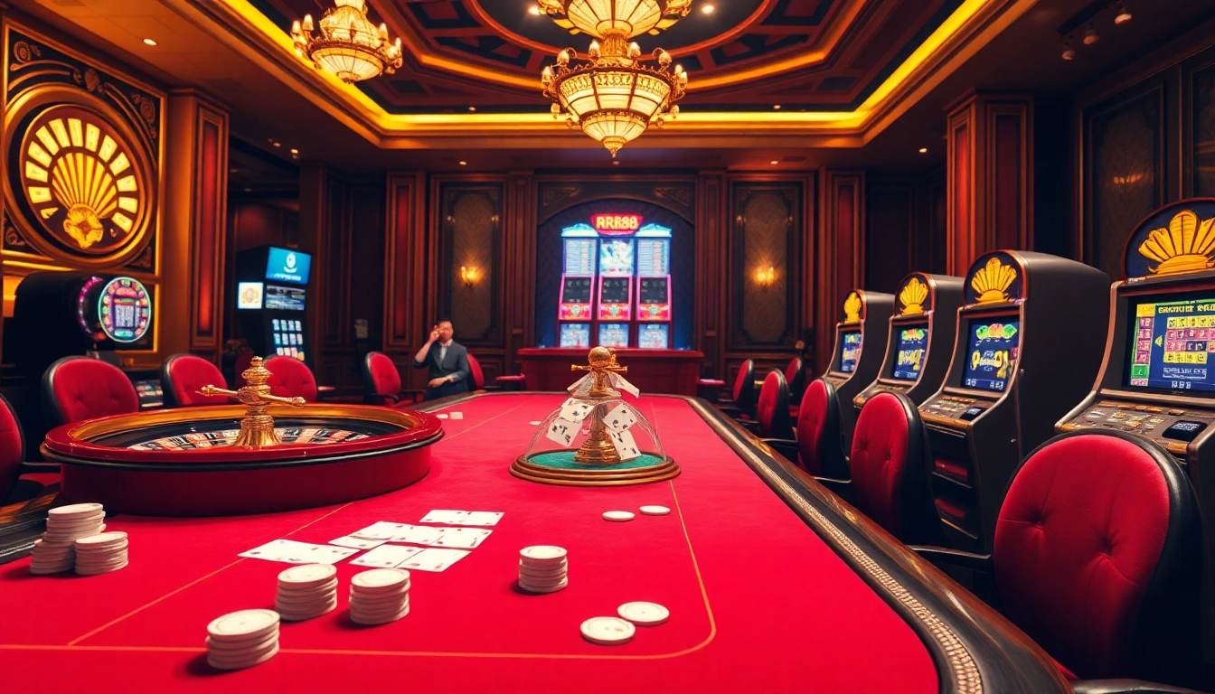 Experience thrilling gaming at Nhà Cái RR88 with poker chips, roulette, and vibrant slot machines.