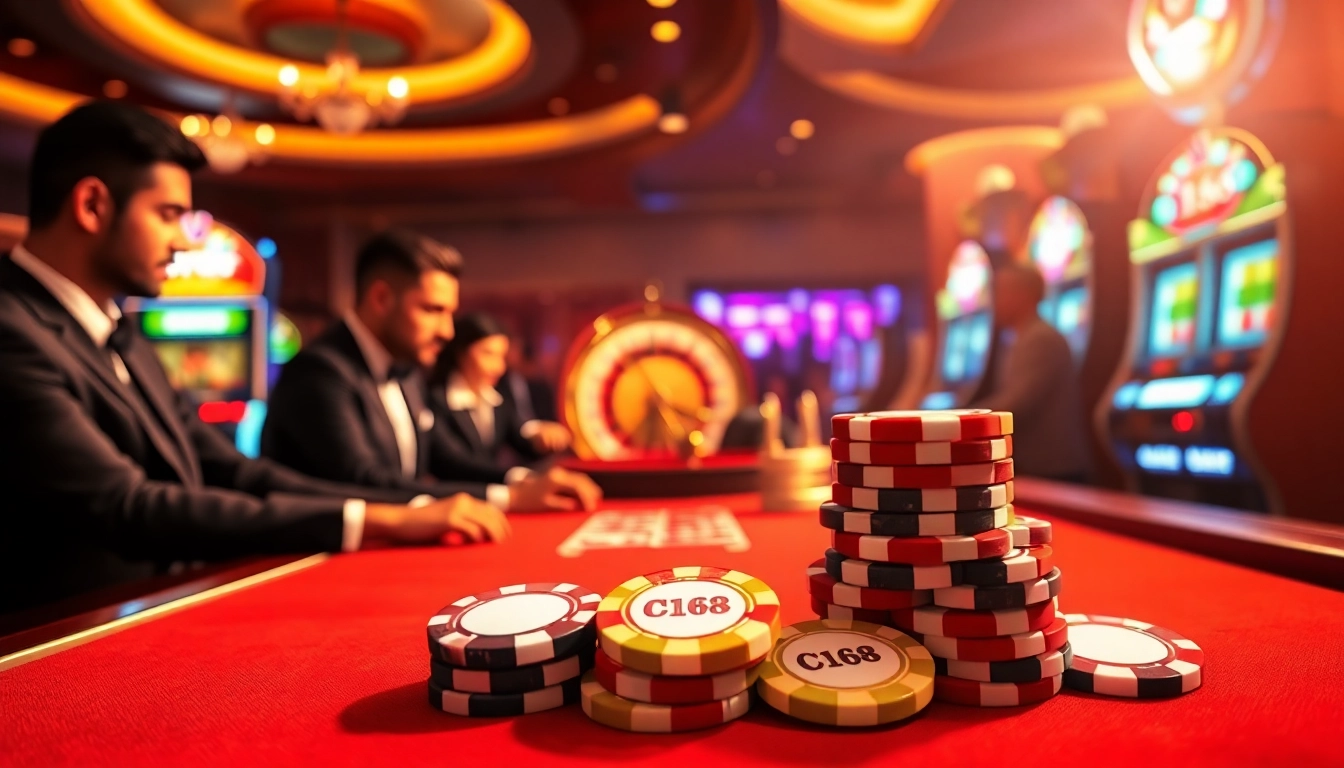 Experience the thrill of C168 gambling with poker chips, a roulette wheel, and engaged players.