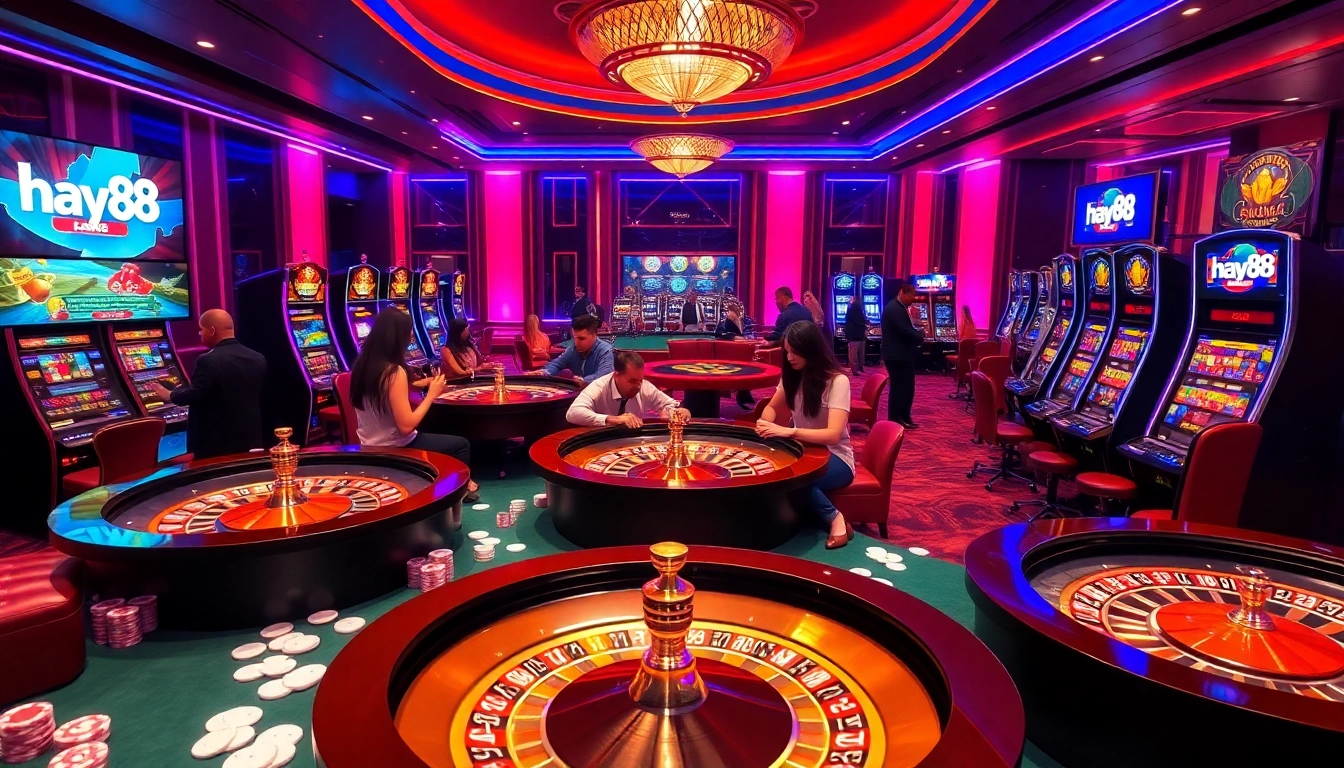 Players enjoying a thrilling game at hay88's luxurious casino table setting, featuring poker chips and slot machines.
