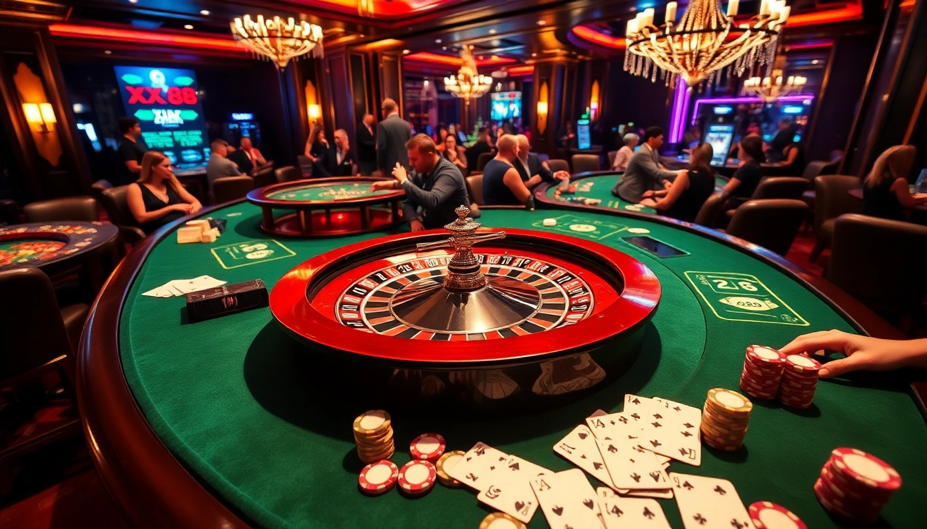 Experience immersive gambling at XX88.AI with vibrant casino tables and players engaged in thrilling games.