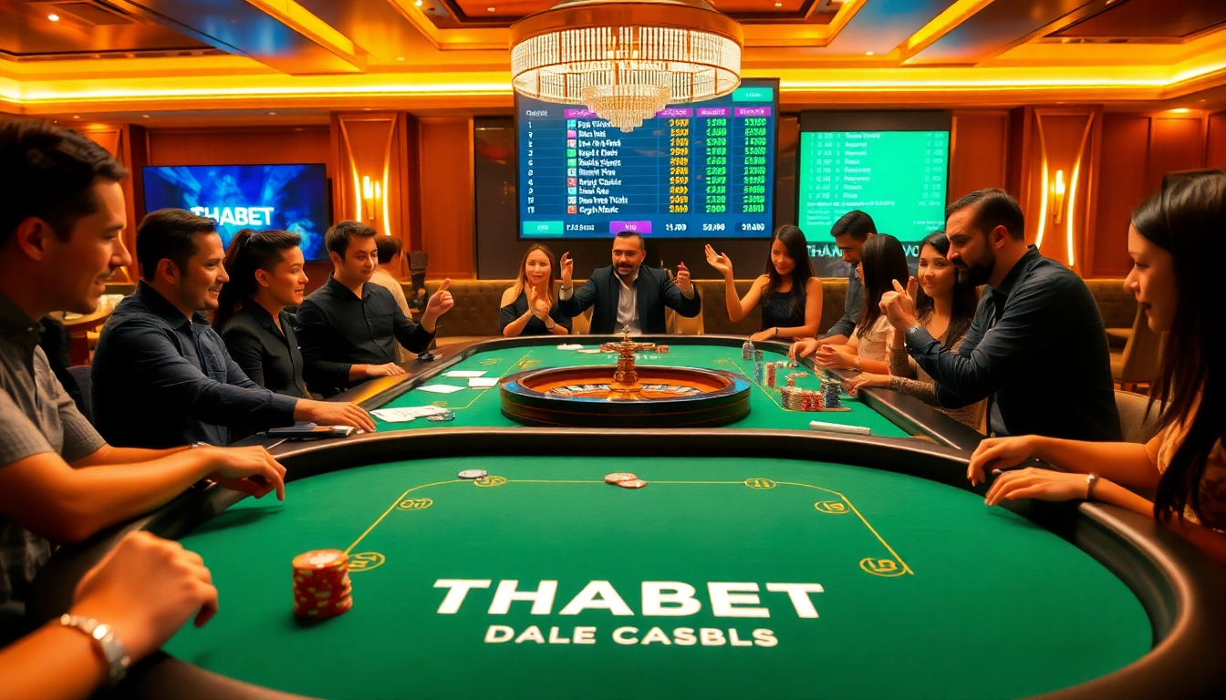 THABET gaming table with players engaging in high-stakes poker action in a vibrant casino.