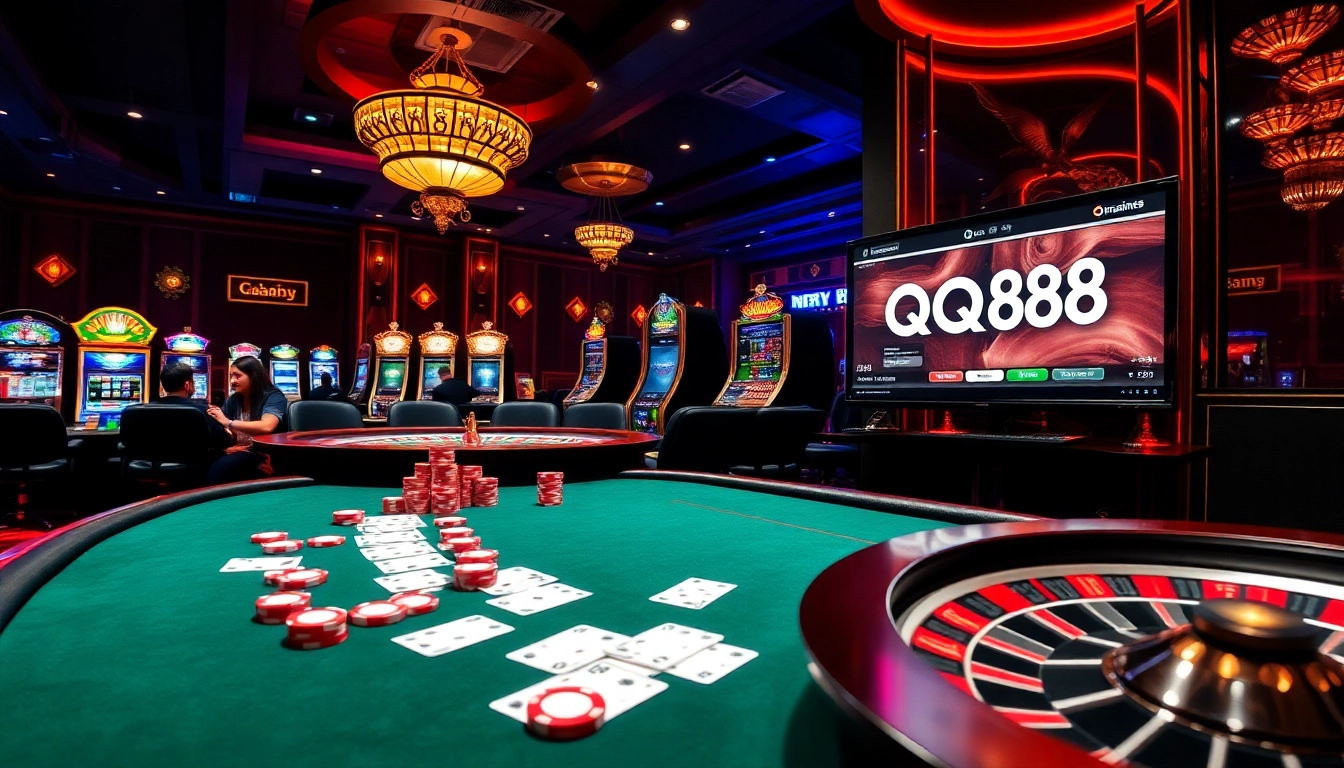 Engaging poker scene at a QQ888 casino with vibrant chips and cards for thrilling gameplay.