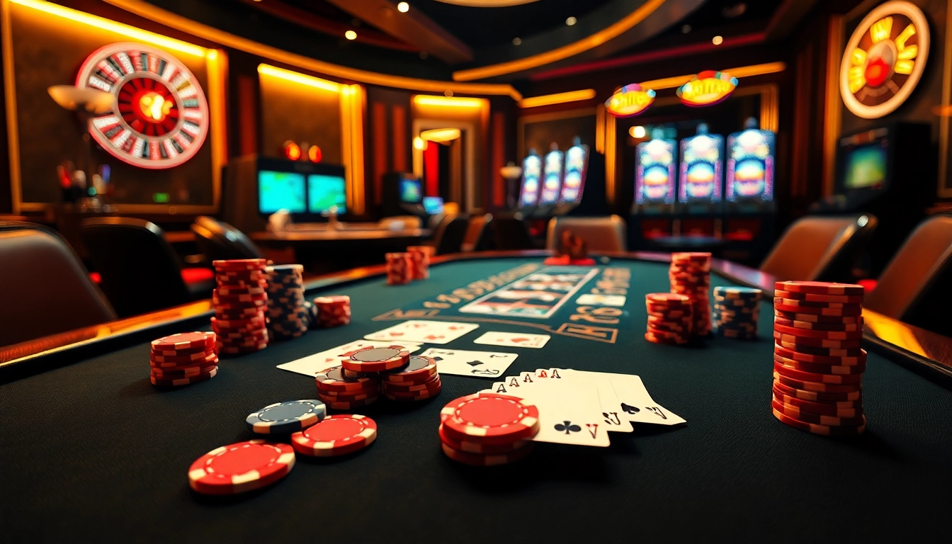 Hello88 casino scene with poker table, chips, and vibrant roulette wheel.