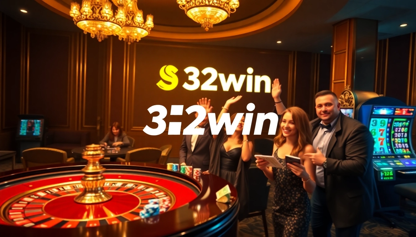 Exciting scene at 32win casino with enthusiastic gamblers celebrating wins at a roulette table.