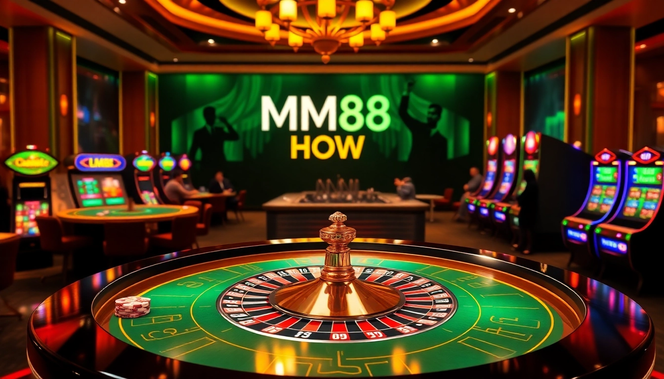 Engaging scene of online gambling at MM88 HOW with vibrant casino tables and spinning roulette.