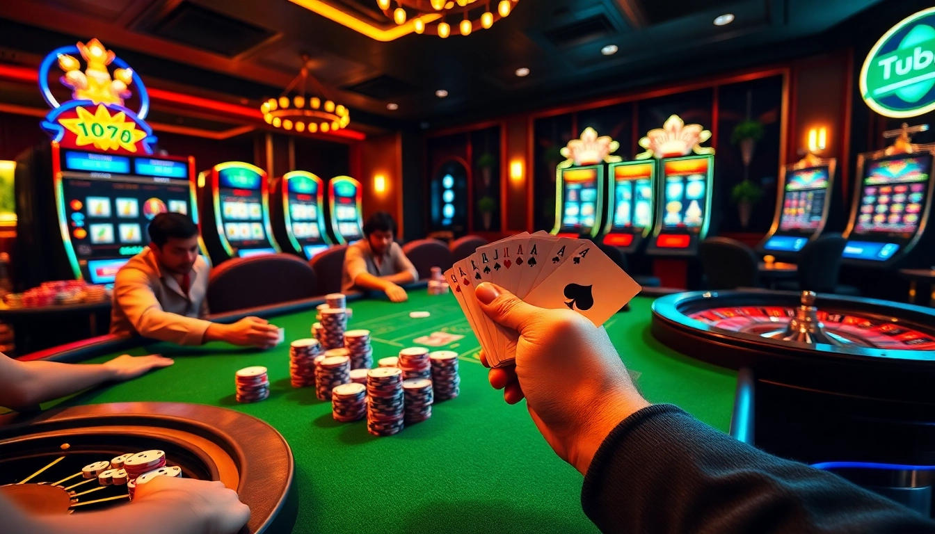 Gamblers enjoying intense poker gameplay with tg88 app features in a vibrant casino atmosphere.