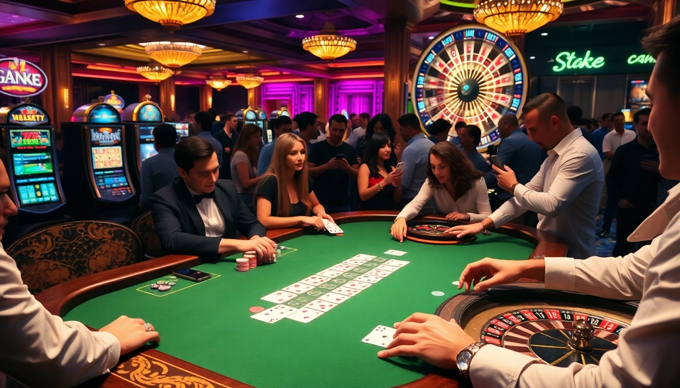 שחקנים מעורבים ב-Stake Casino נהנים משולחן פוקר תוסס עם צ'יפים צבעוניים וקלפים.