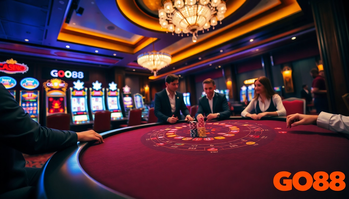 Players enjoying a thrilling game at the GO88 casino table, surrounded by vibrant slot machines.