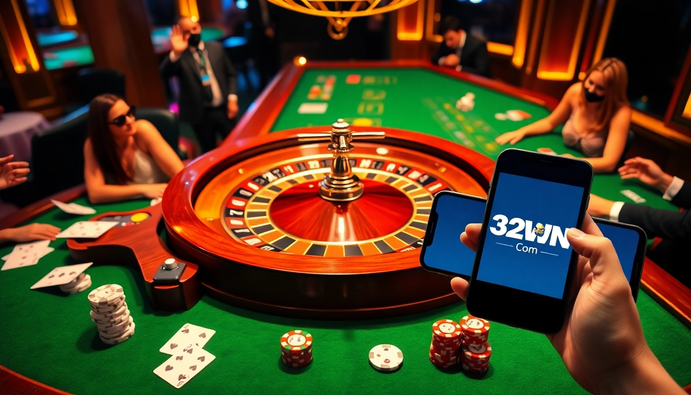 Players enjoying high-stakes games at a luxurious casino featuring 32WIN Com.
