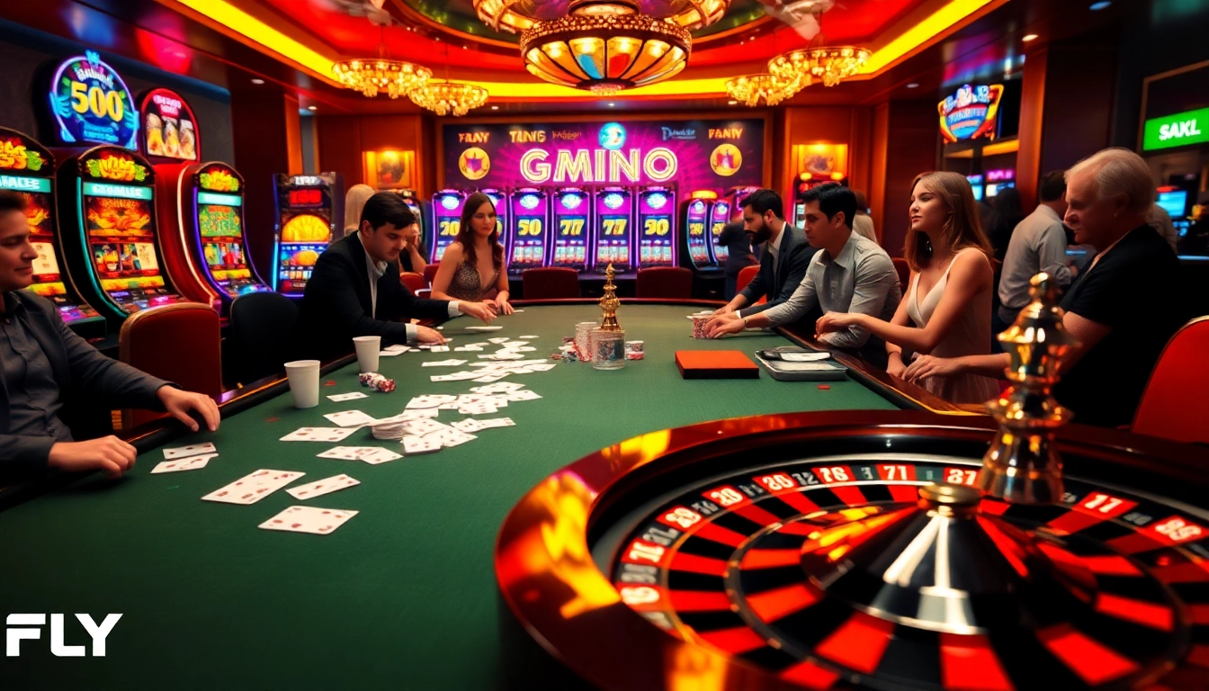 Experience FLY 88 with an exhilarating casino scene featuring poker chips, lively players, and vibrant roulette.