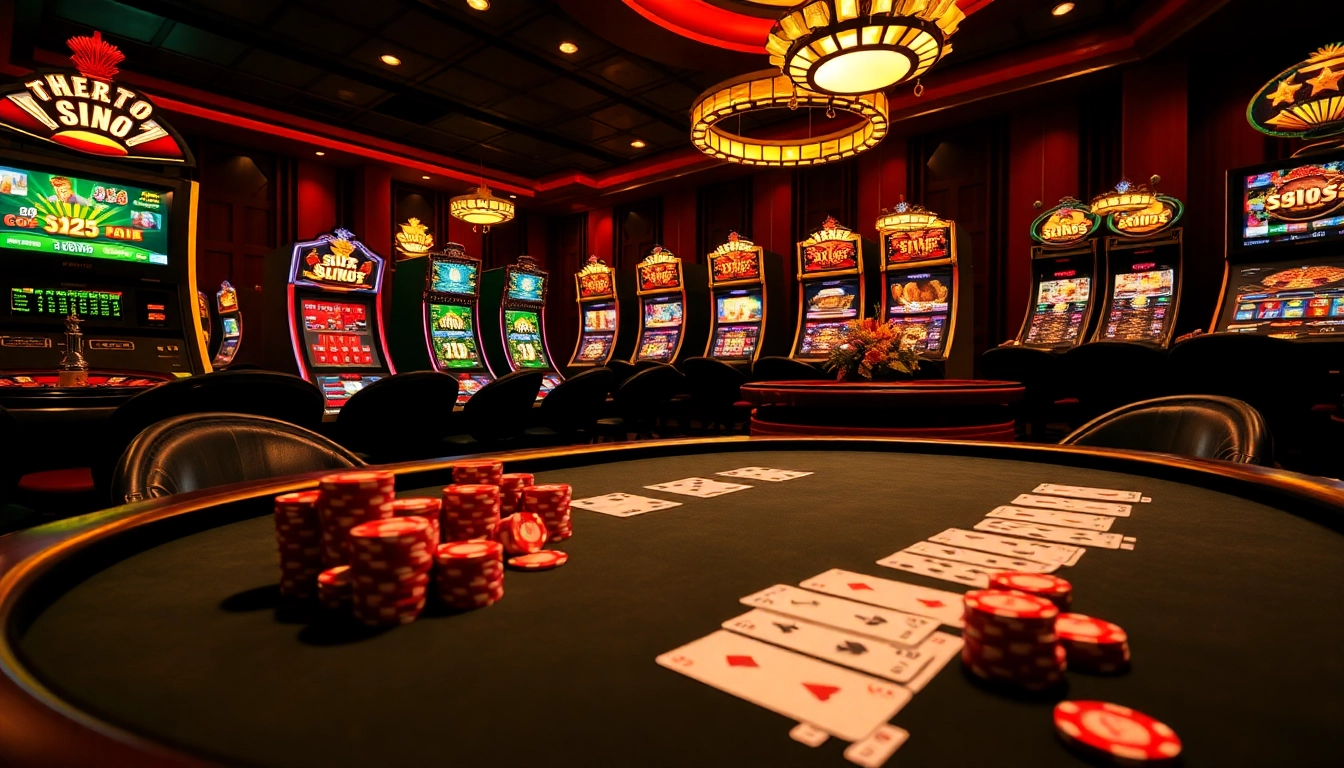 The dynamic atmosphere of a high-stakes casino showcasing the app 24kclub on mobile devices amidst poker tables and slot machines.