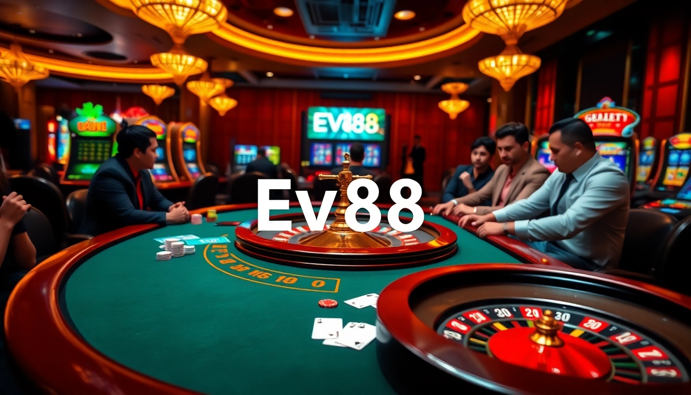 Players engaging in a thrilling game at Ev88 casino with vibrant tables and exciting atmosphere.