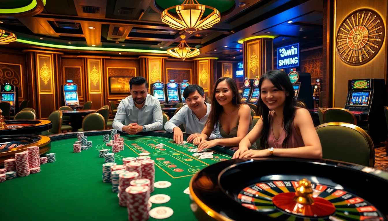 Players enjoying blackjack at 13win's luxurious casino with poker chips and cards.