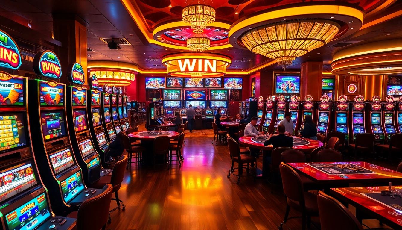 Players enjoying slot apiraja88 machines in a vibrant casino atmosphere with bright lights.
