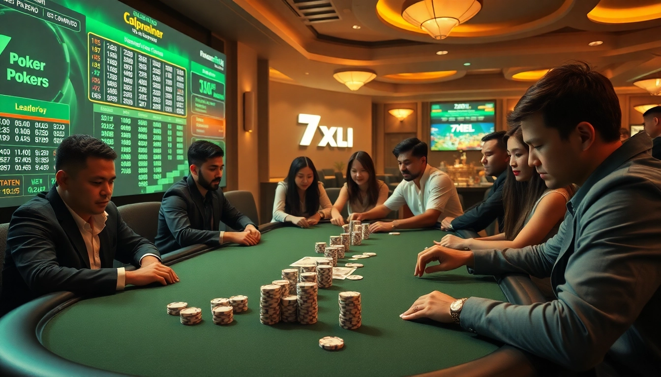7xl סוכן מספק חוויה פוקר אונליין מעמיקה עם שחקנים מגוונים סביב שולחן וירטואלי המציג גרפיקות עשירות וסטטיסטיקות דיגיטליות.