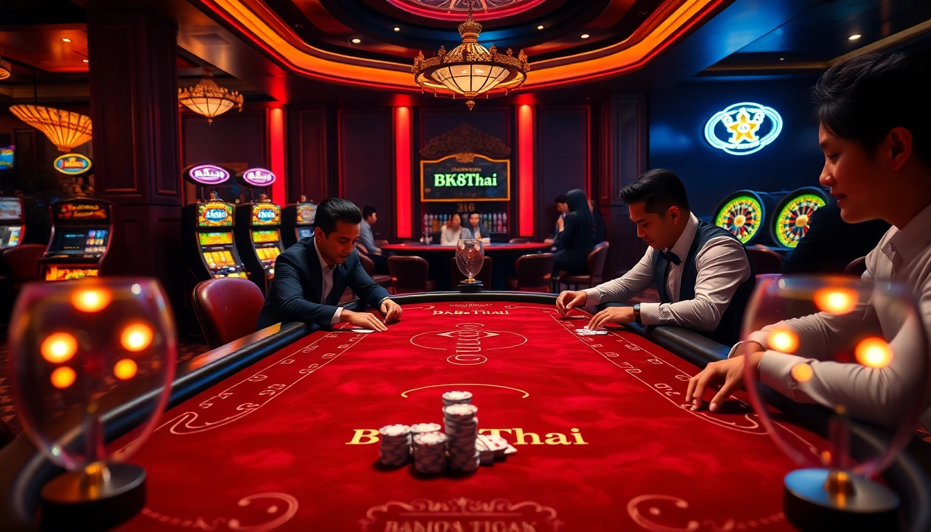 Engaged players at a BK8Thai branded poker table in a luxurious casino setting.
