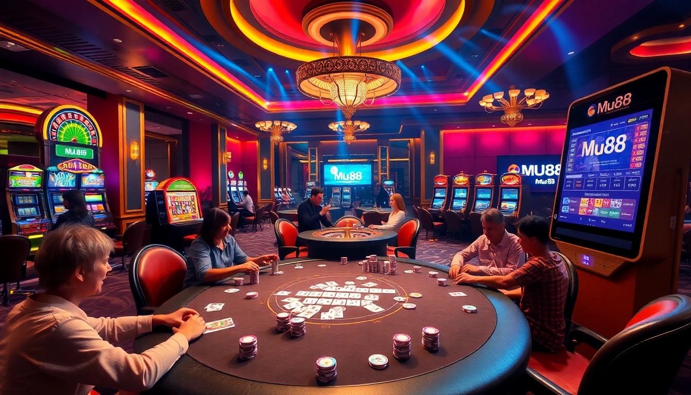 Players enjoying a thrilling game at Mu88 casino's luxurious poker table.
