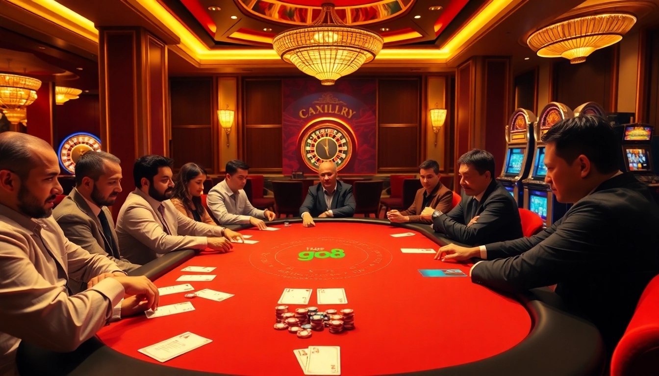 Intense poker action at a go8 casino table, highlighting a luxurious gaming experience.