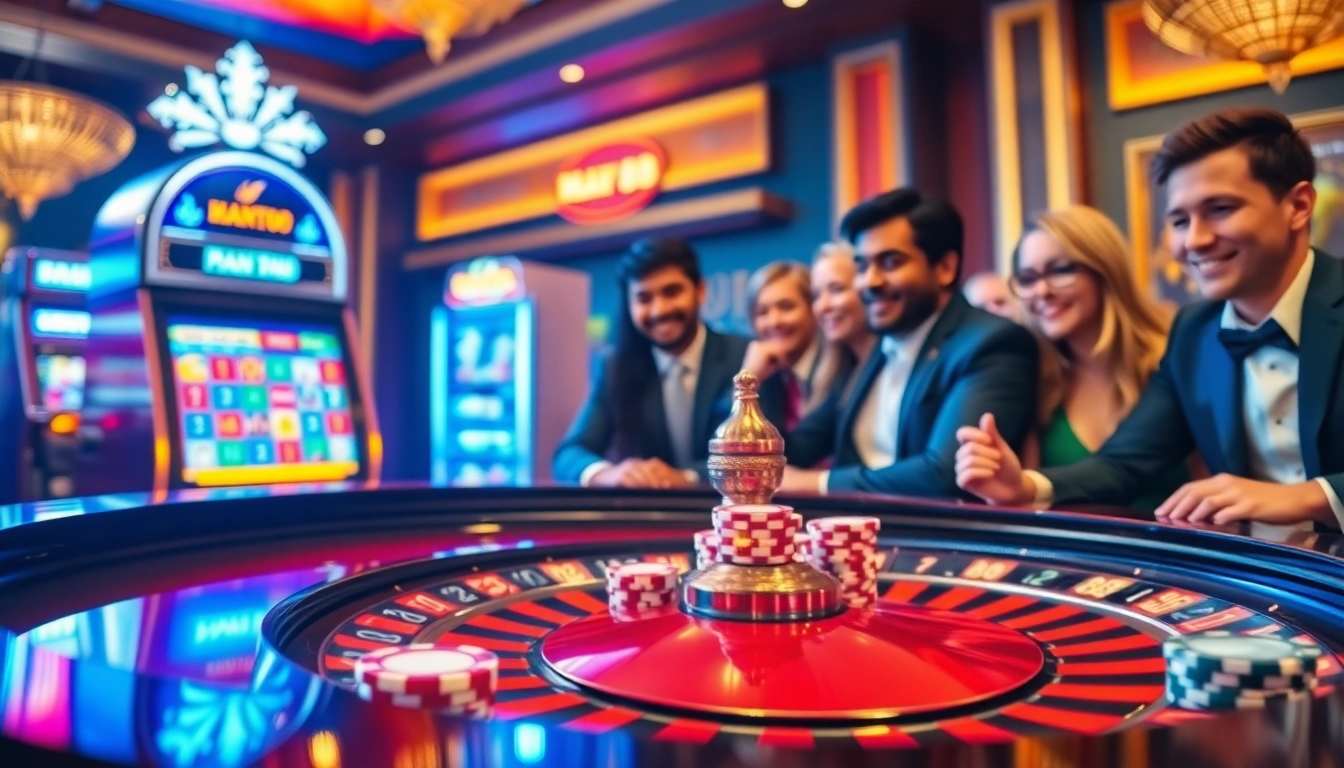 Excited players winning big at Man 88 casino with roulette and vibrant Poker chips.