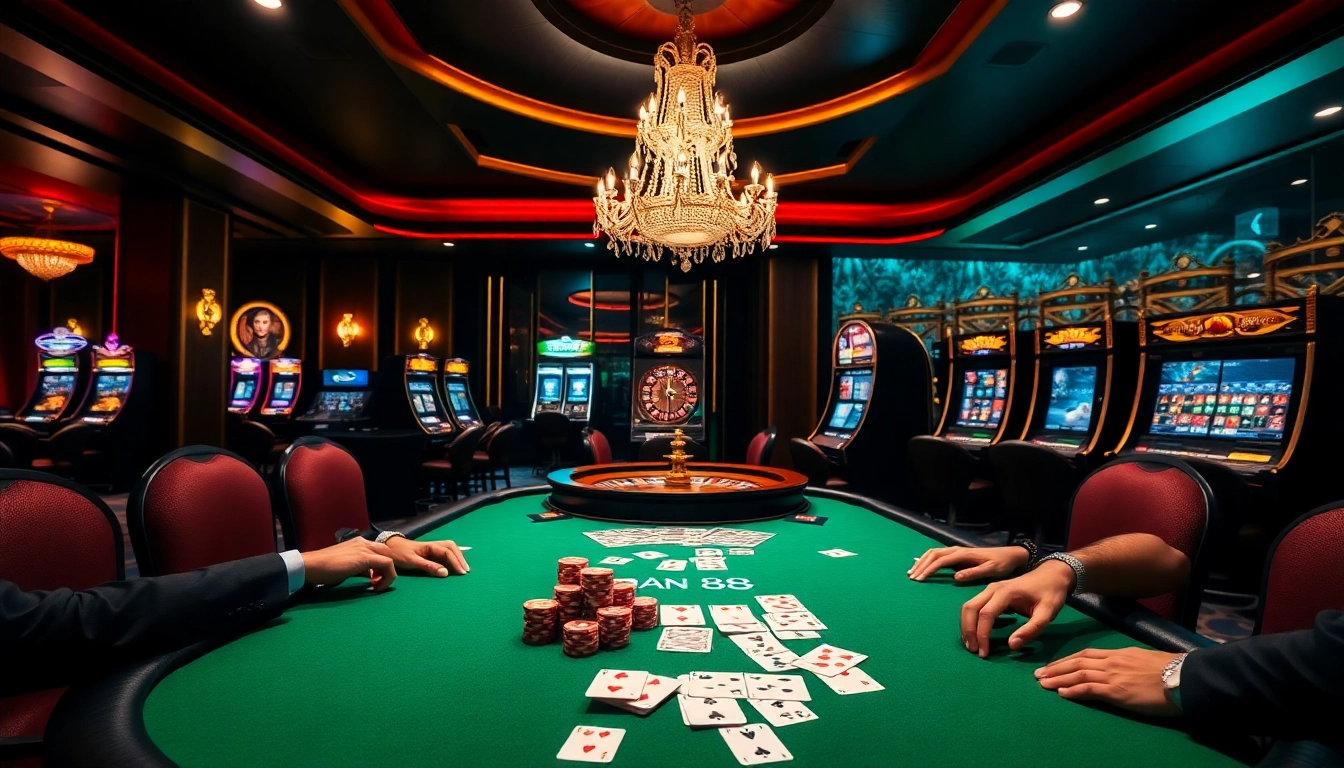 Players enjoying poker at Man 88’s lavish casino, showcasing excitement and high stakes.