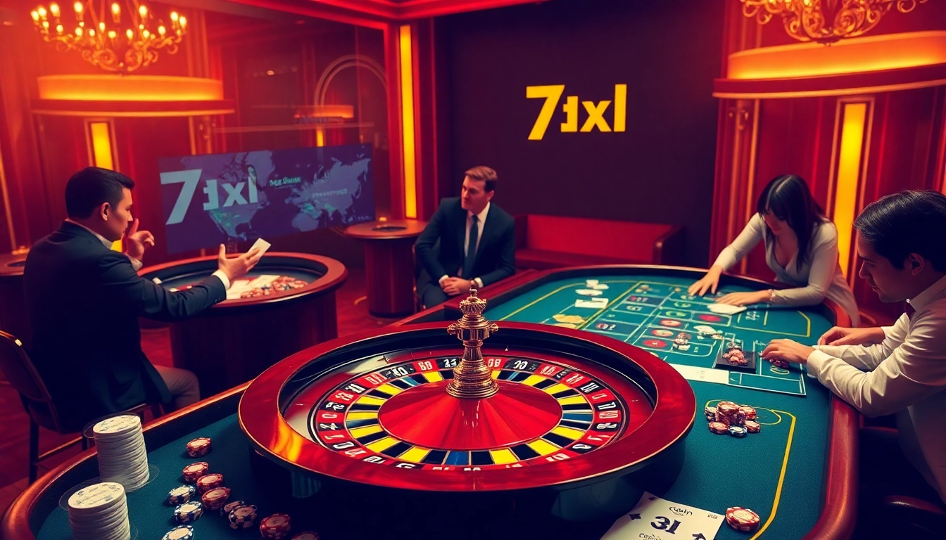 סצנת קזינו קלאסית עם שחקני פוקר ואלמנטים של 7xl המדגישים התרגשות.