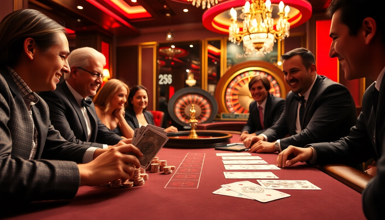 Players enjoying high-stakes poker action at a luxurious casino table, lc88-themed excitement evident.