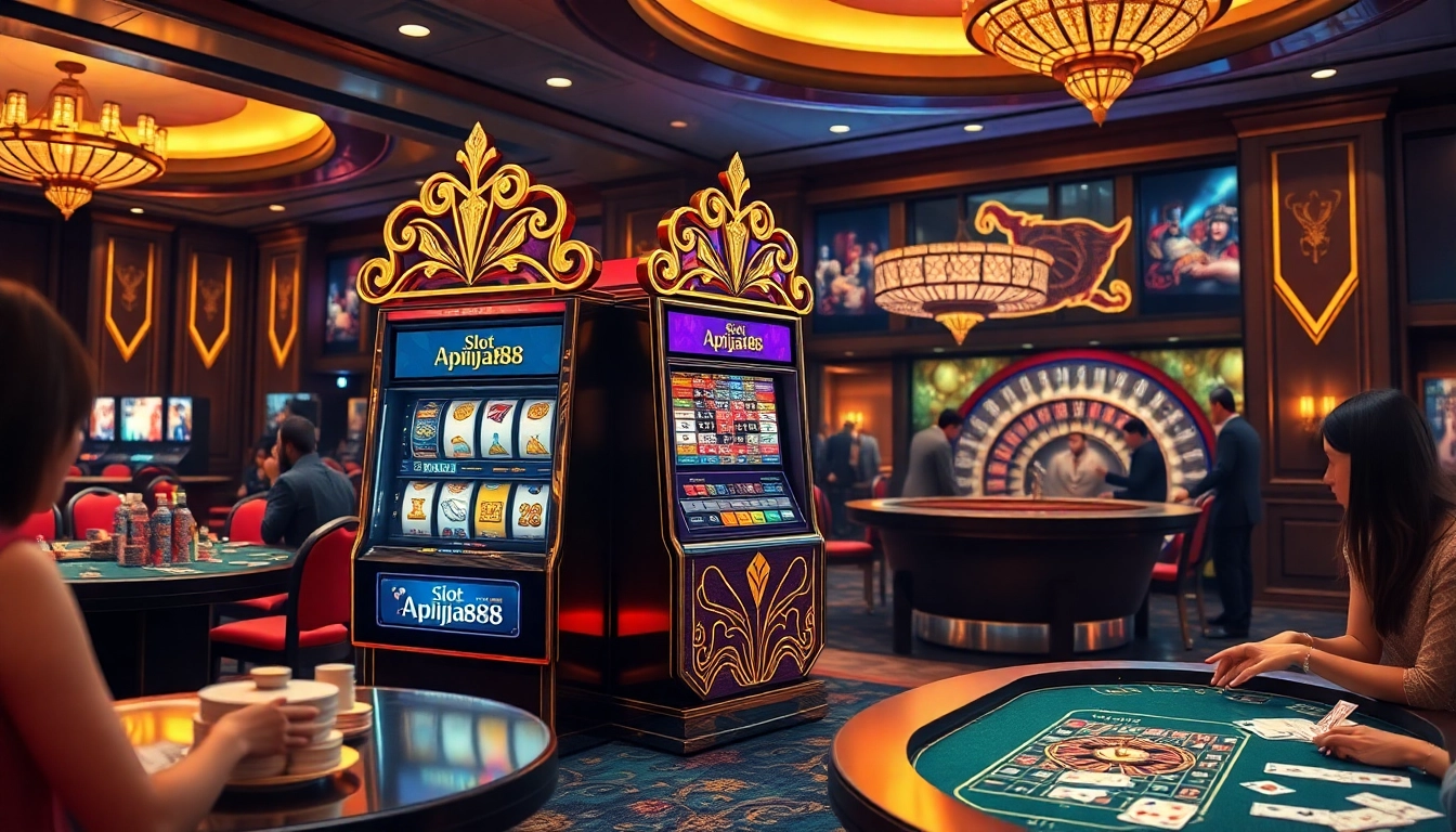 Players enjoying slot apiraja88 machines in a luxurious casino environment.