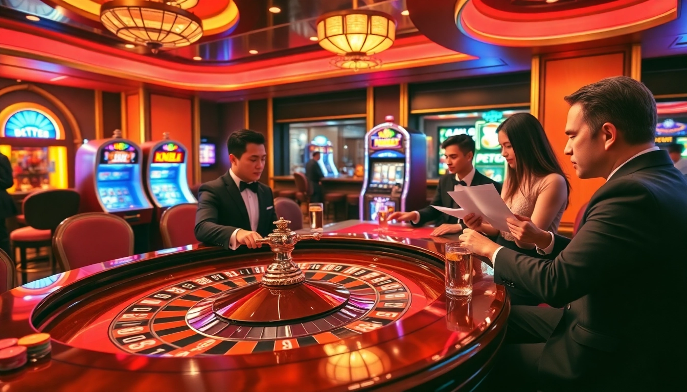 Kubet players placing bets at a vibrant casino table amid an exciting environment.