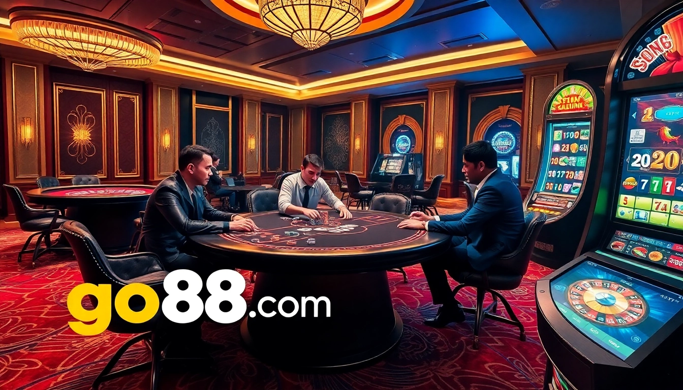 Engaging poker tournament at a luxury casino featuring go88. com branding.