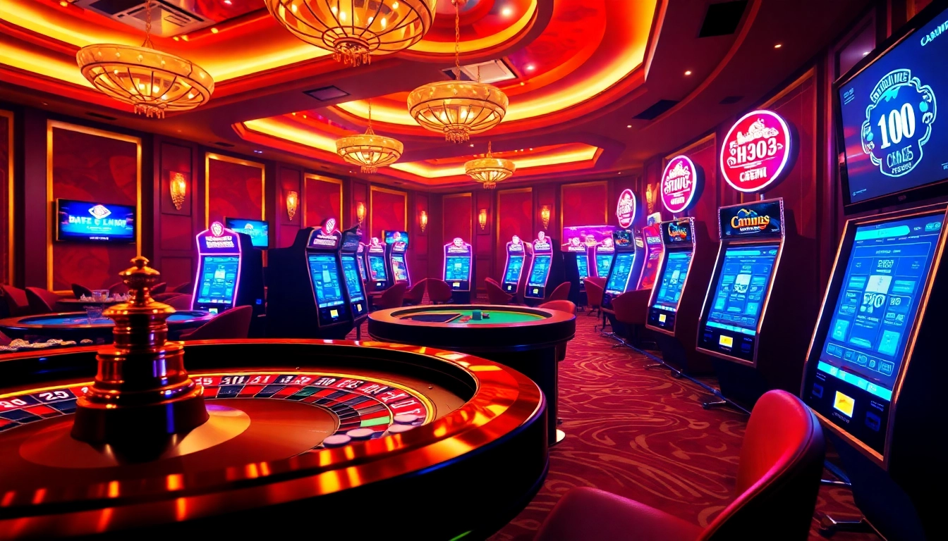 A lively casino scene with a modern touch, highlighting 바이낸스 회원가입 on digital interfaces.