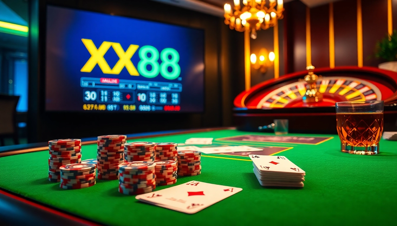 Enjoying a thrilling gaming experience at XX88 TV casino table with poker chips and cards.