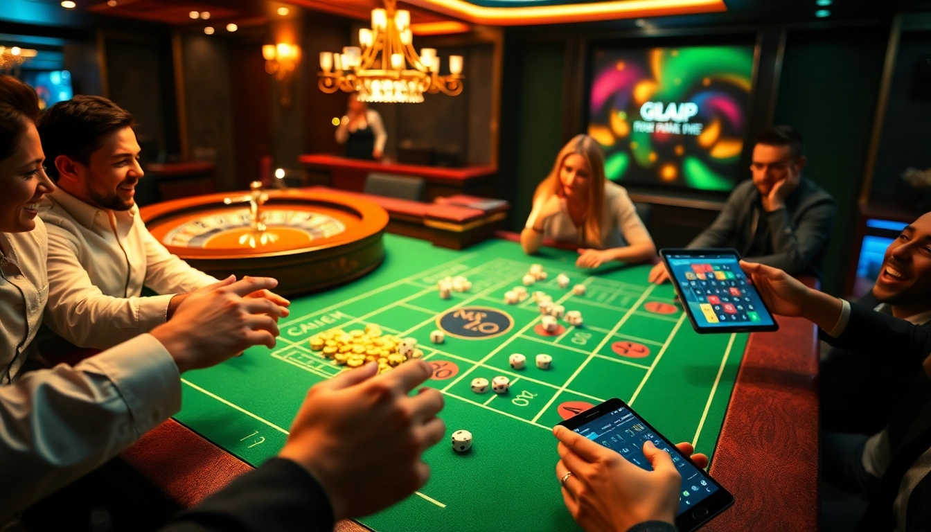 Excited players at a gilajp-themed casino craps table showcasing thrilling dice rolls.